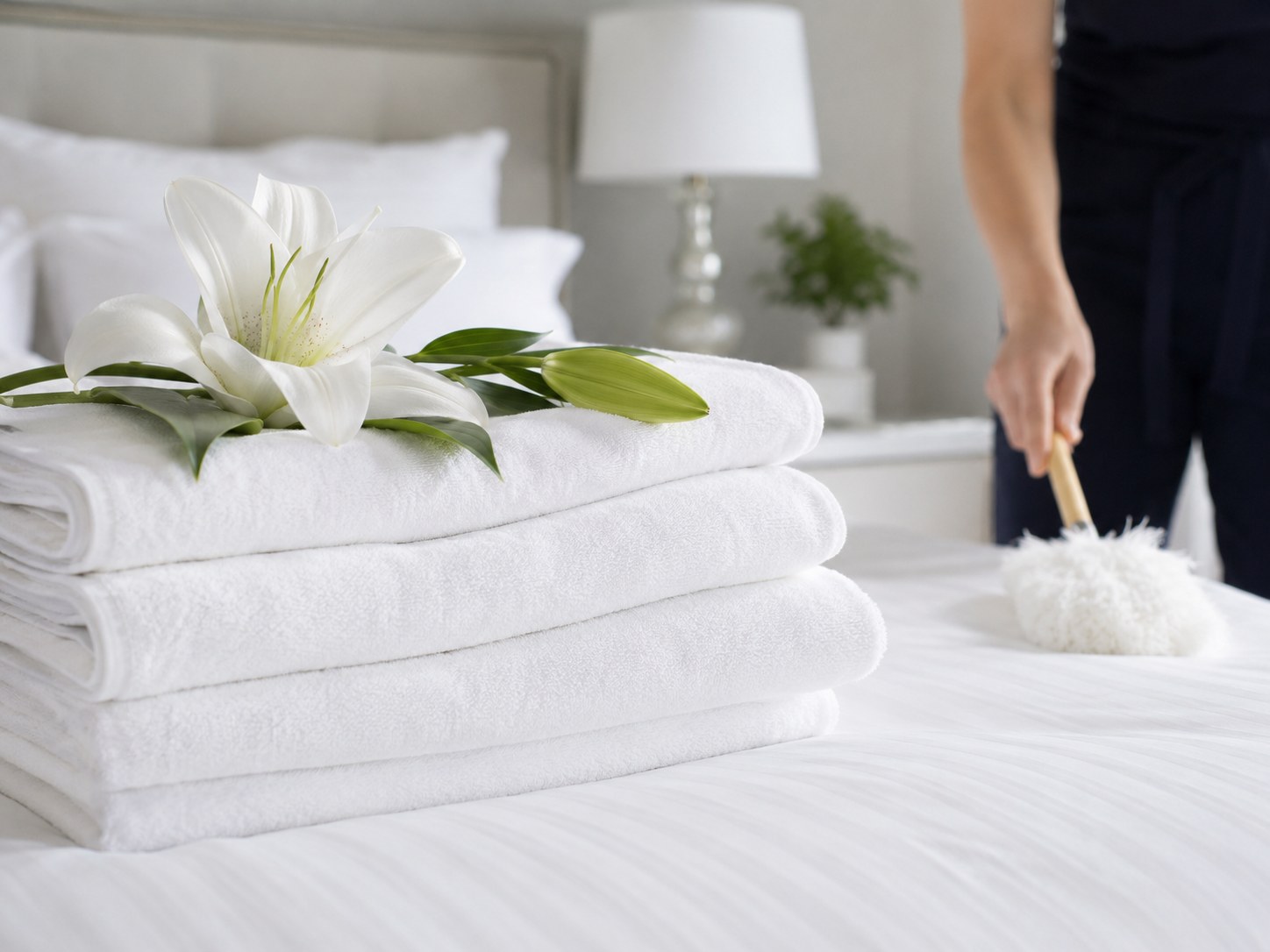 Letto ordinato con asciugamani bianchi e fiore decorativo, ideale per rappresentare pulizie pre-affitto, post-soggiorno e preparazione casa.