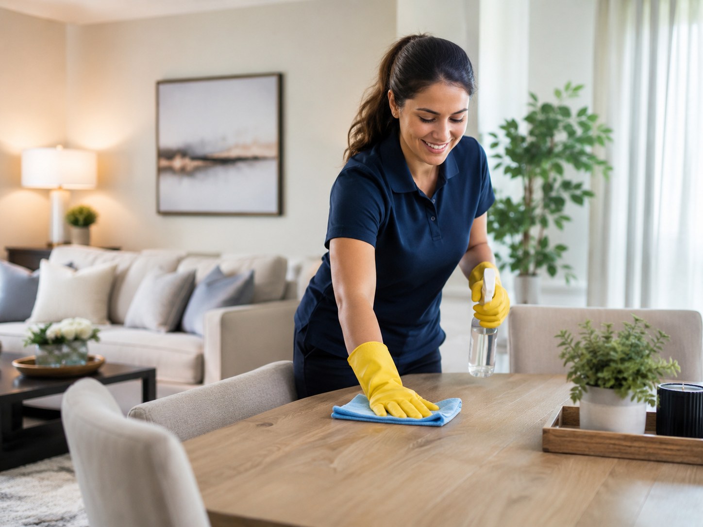 Cleaner professionale che pulisce un tavolo in una casa luminosa e ordinata, rappresentando i servizi di pulizia di Fixora 360.