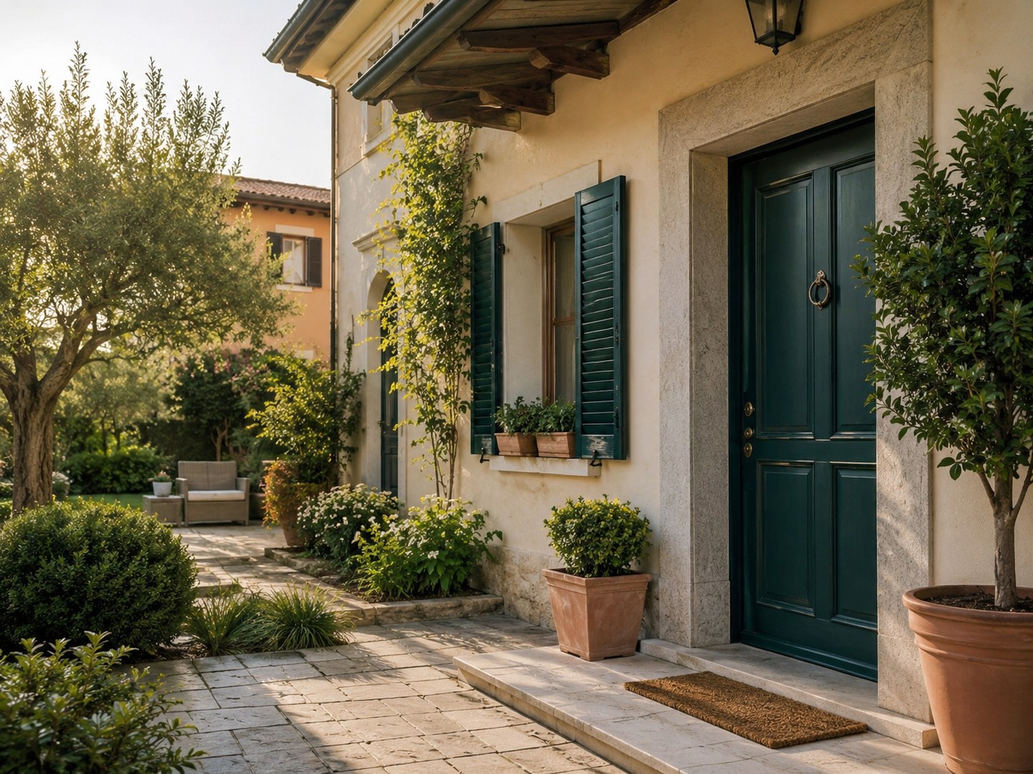 Ingresso esterno di una casa mediterranea con porta verde, piante e luce calda, simbolo di cura e manutenzione della casa.