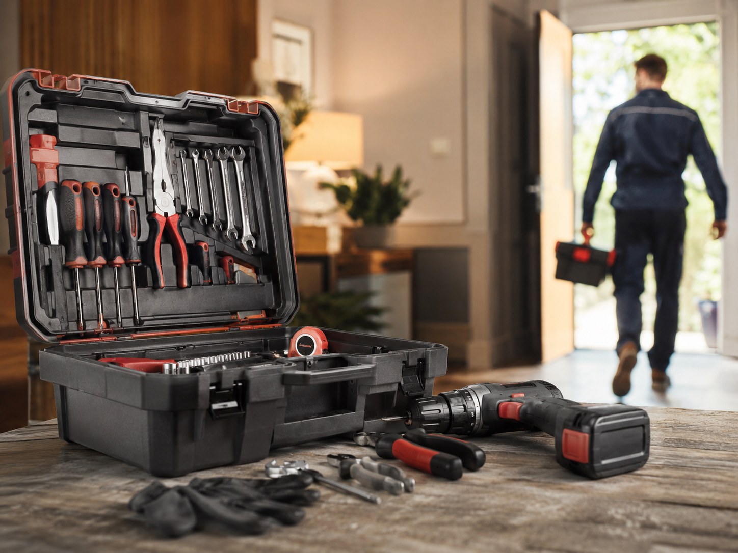 Cassetta degli attrezzi aperta in casa con tecnico sullo sfondo, simbolo di interventi rapidi e professionali con Fixora 360.