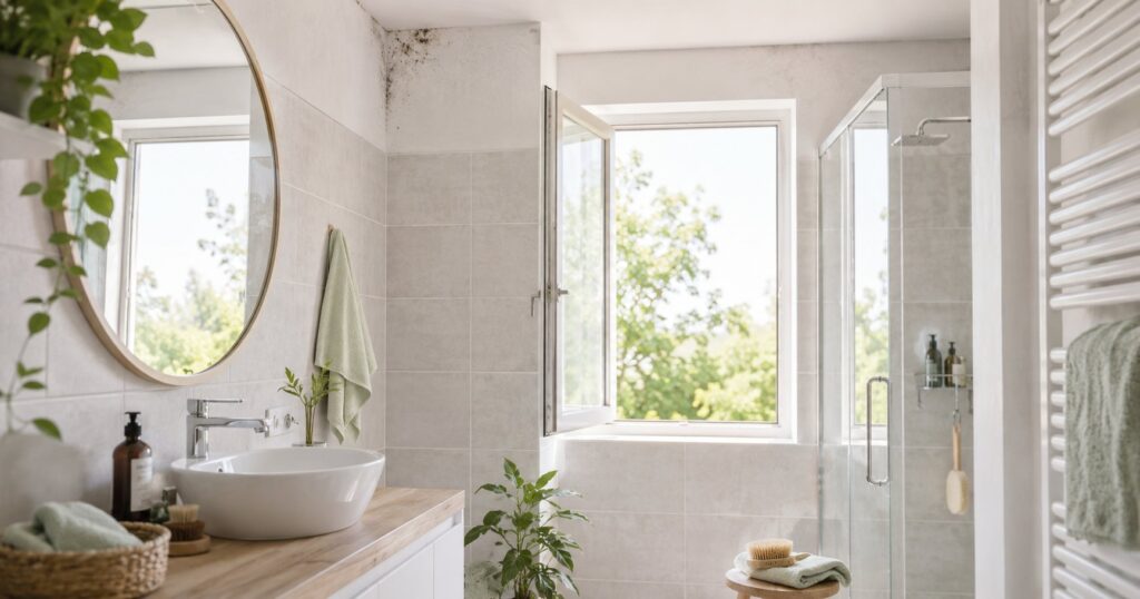 Bagno luminoso e arieggiato con finestra aperta, piante decorative e piccoli segni di muffa vicino al soffitto.