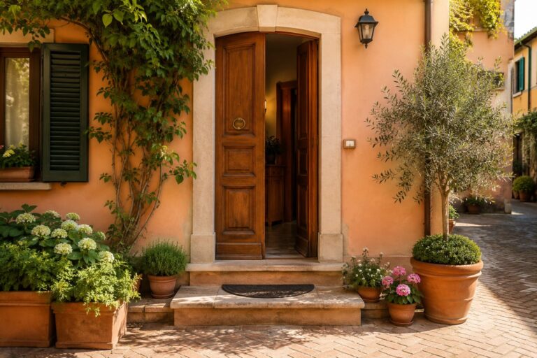 Ingresso di una casa curata con piante e luce naturale, ideale per rappresentare la manutenzione preventiva prima dell’inverno.