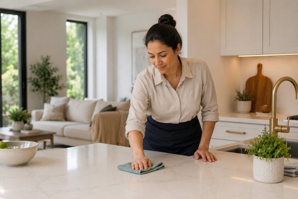 Persona che pulisce il piano di una cucina moderna e luminosa, rappresentando pulizie organizzate per case e appartamenti.