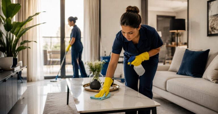 Professioniste delle pulizie al lavoro in un soggiorno moderno mentre puliscono tavolo e pavimento.